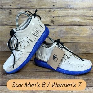 WB Moccasin Size Mens 6 Womens7 Taupe Royal Blue Hemera Fringe 100%Leather Suede